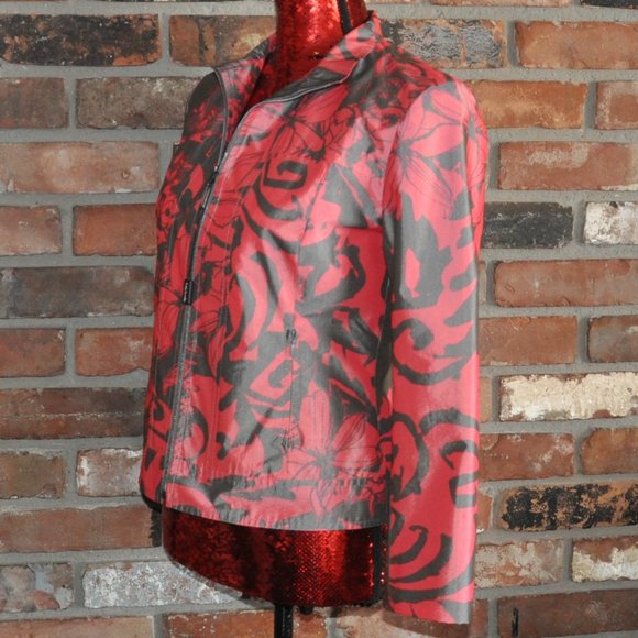 New Betty Barclay Grey & Red Tailored Zip-up Botanical Floral Jacket 34 S - Picture 3 of 9